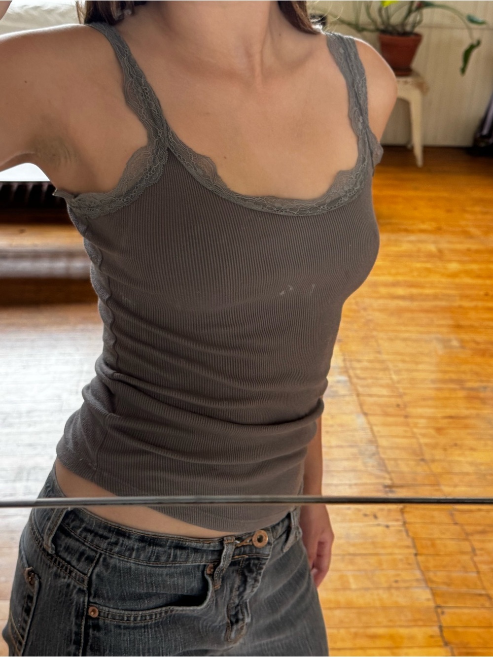 Lace-Trim Ribbed Tank Top - Gray - Picture 4 of 5